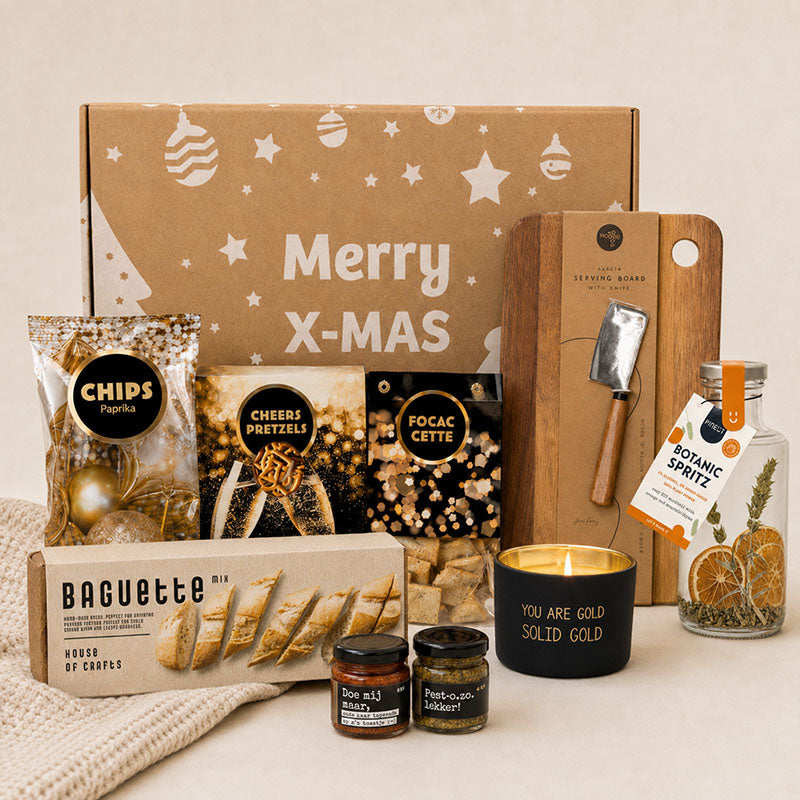 Zakelijk Kerstpakket Borrel & Geniet met serveerplank, snacks en Botanic Spritz