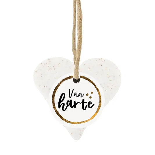 zeephart aan touw voor bijvoorbeeld een verjaardag met op het label de tekst van harte. 